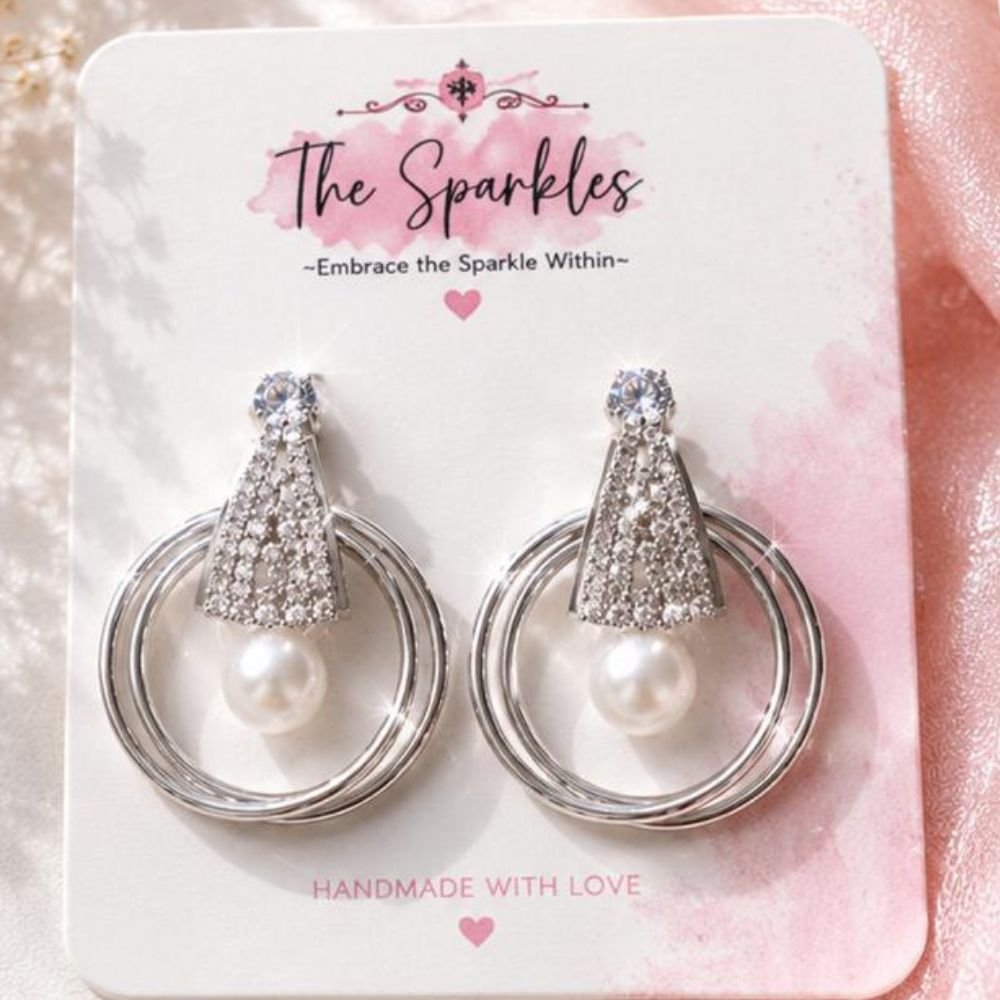 Celestial Pearl & Crystal Geometric Hoop Drop Earrings