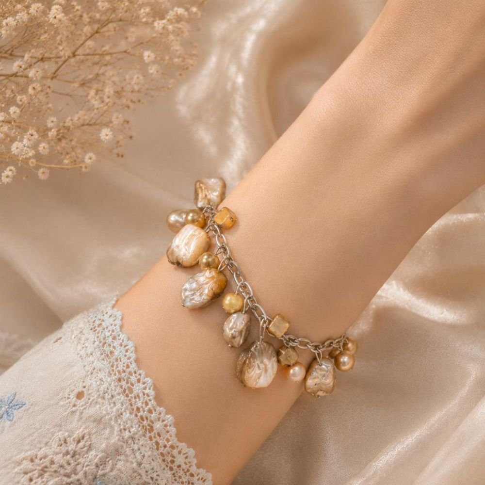 Baroque Pearl & Golden Charm Link Bracelet
