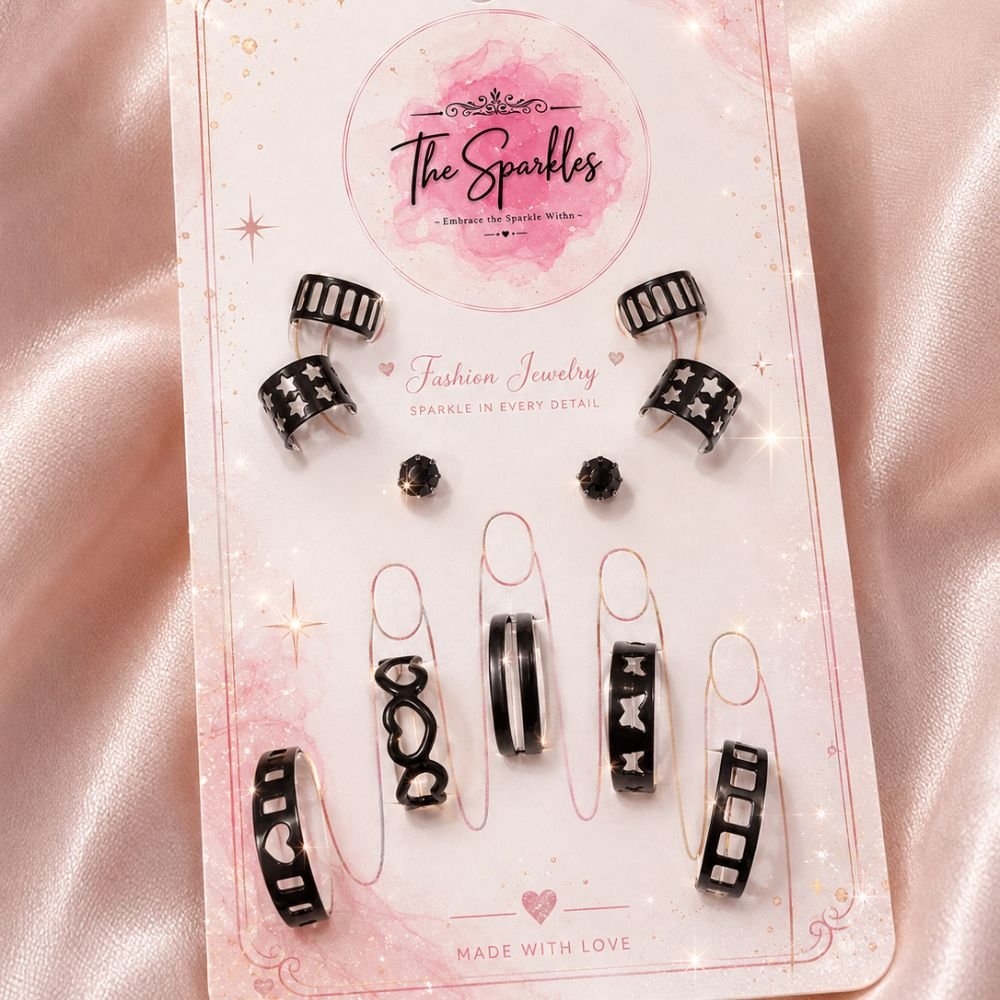 Goth Aesthetic Matte Black Ear Cuff & Ring Set (11-Piece Combo)