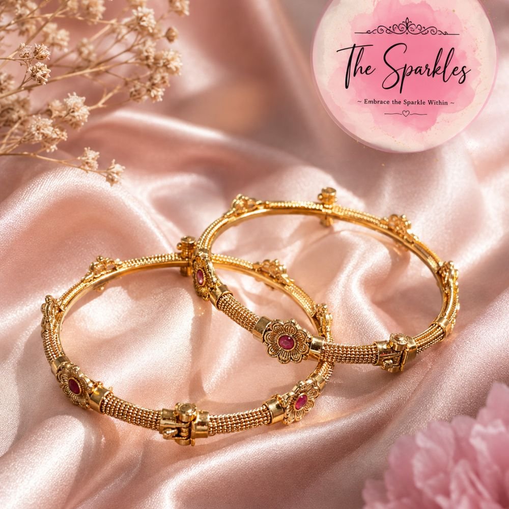 Antique Floral Ruby Stone Openable Bangle Set (Pair)