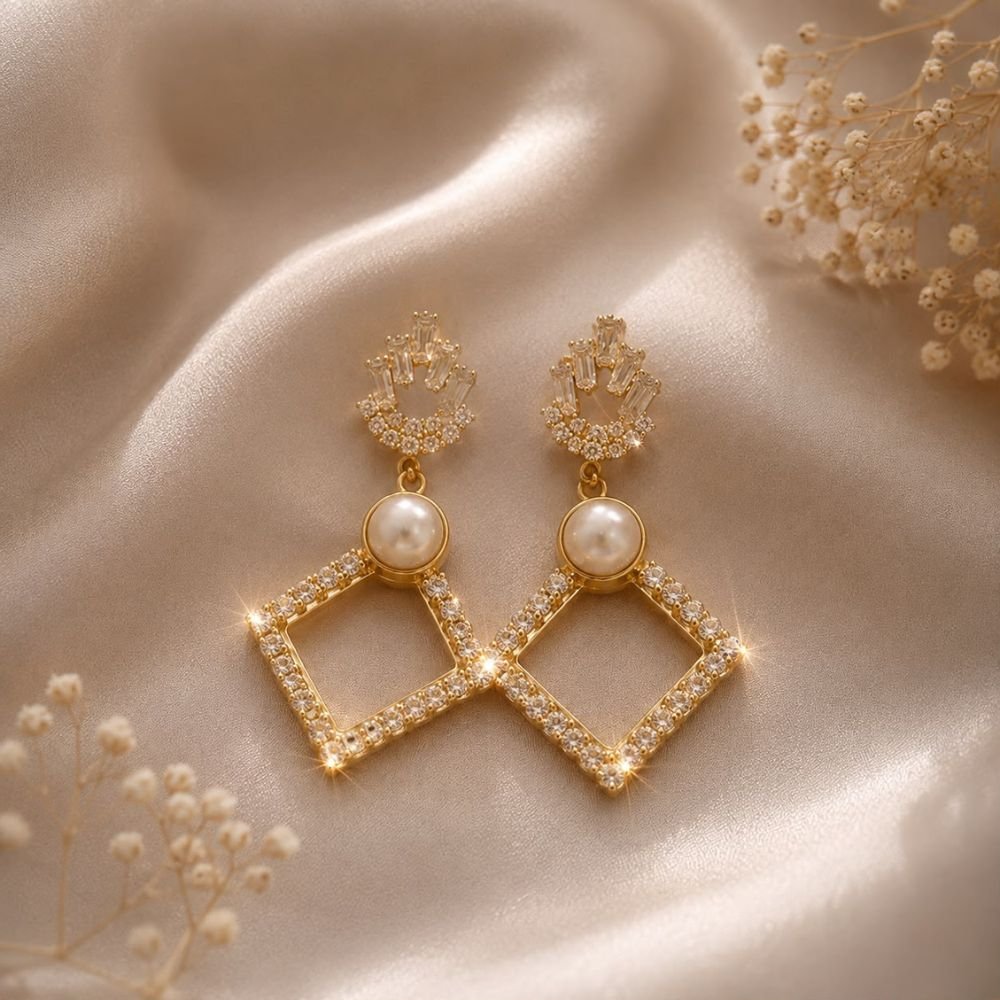 Geometric Diamond Pearl Drop Earrings