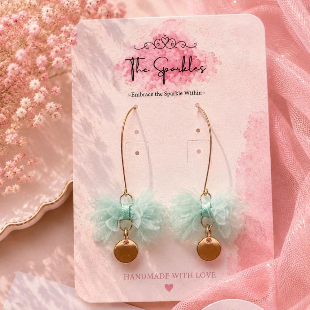 Baby Blue Tulle & Gold Disc Drop Earrings