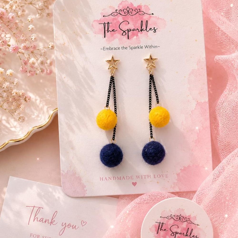 Celestial Star & Dual Pom-Pom Dangle Earrings