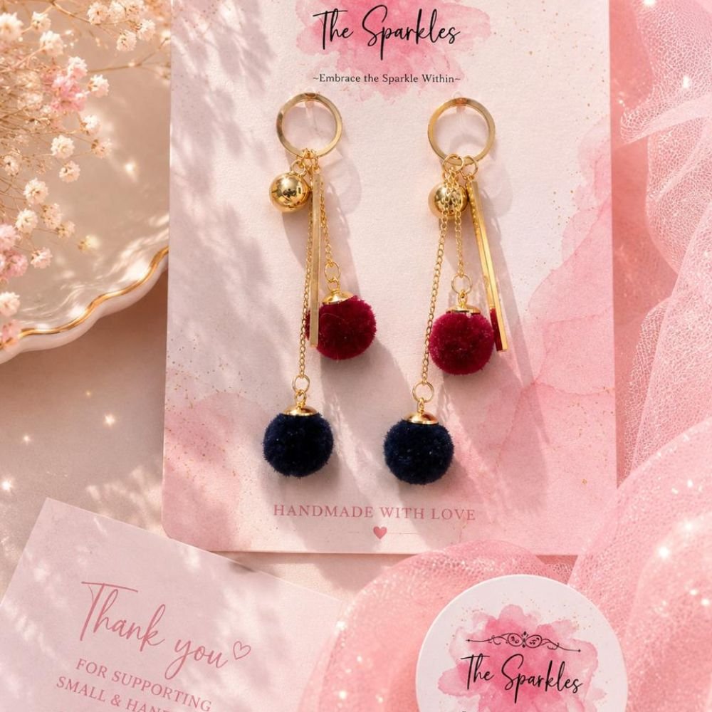 Golden Hoop & Dual Velvet Pom-Pom Drop Earrings