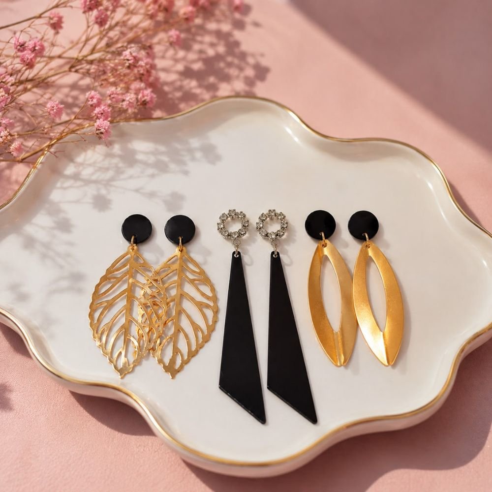 Modern Botanical & Geometric Drop Earrings Set - 3 Pair Multipack