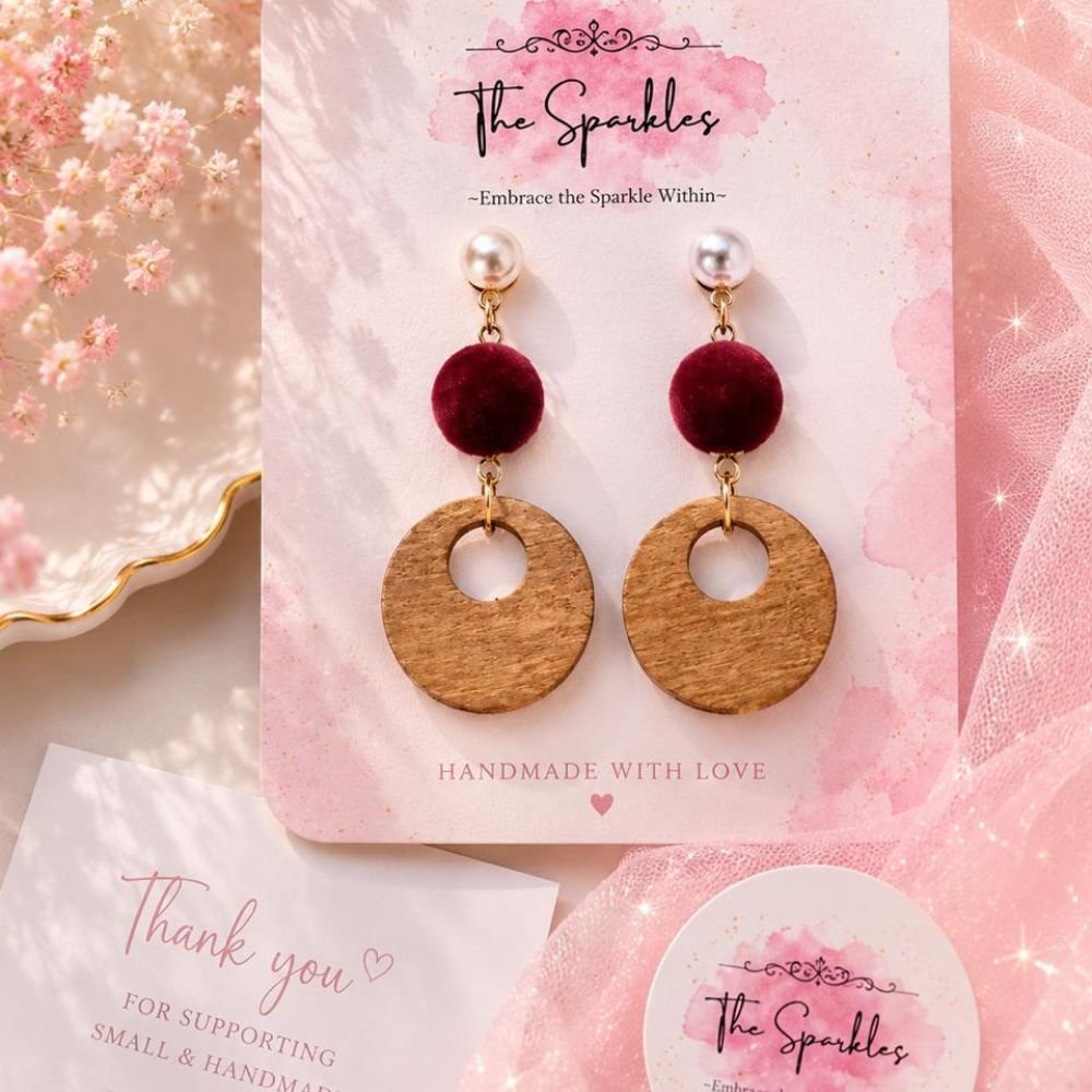 Pearl, Burgundy Velvet Pom-Pom & Wooden Disc Drop Earrings