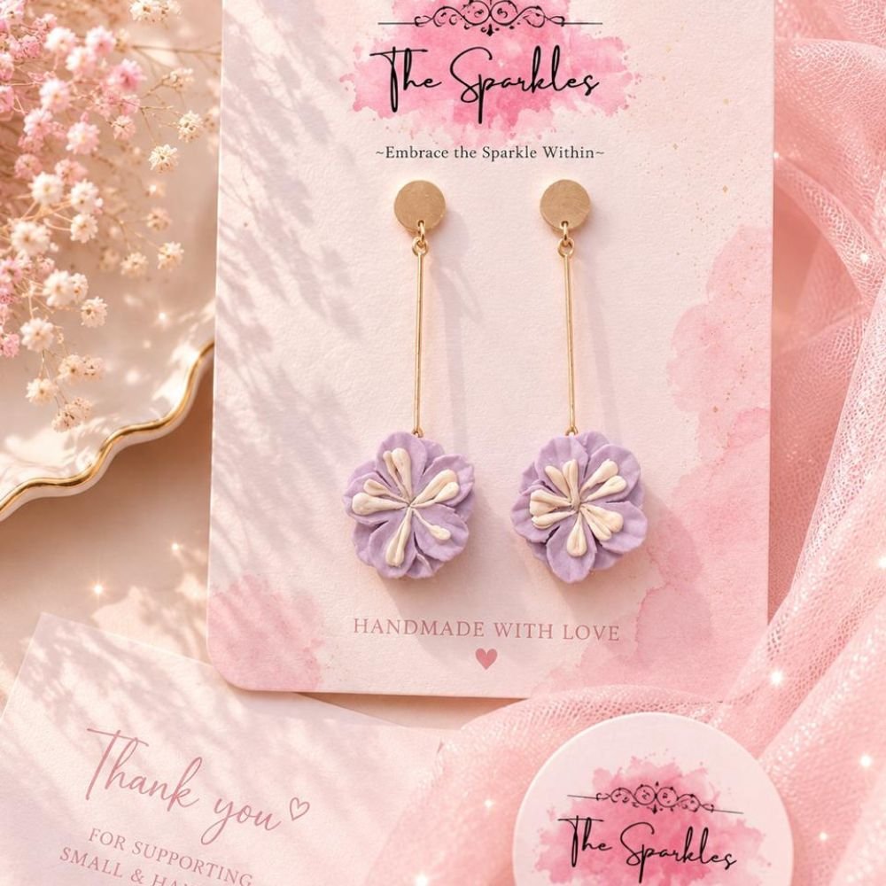 Lavender Clay Floral Drop Earrings with Gold Bar Accent