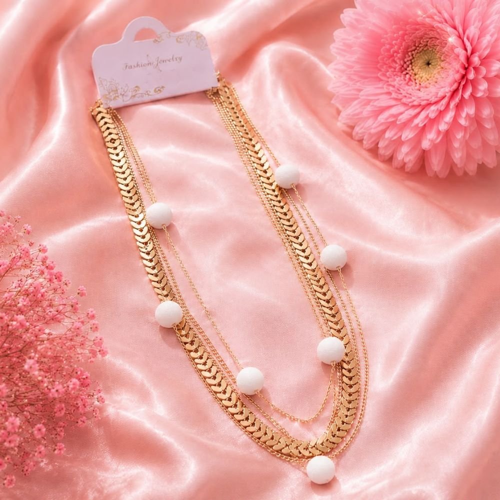 Multi-Layered Gold Chevron Chain & Velvet Pom-Pom Long Necklace