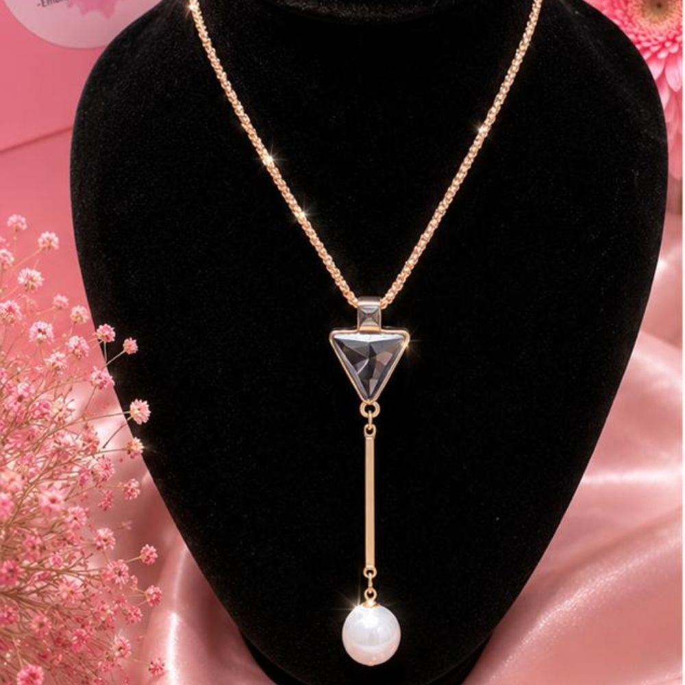 Geometric Crystal & Pearl Y-Drop Pendant Necklace