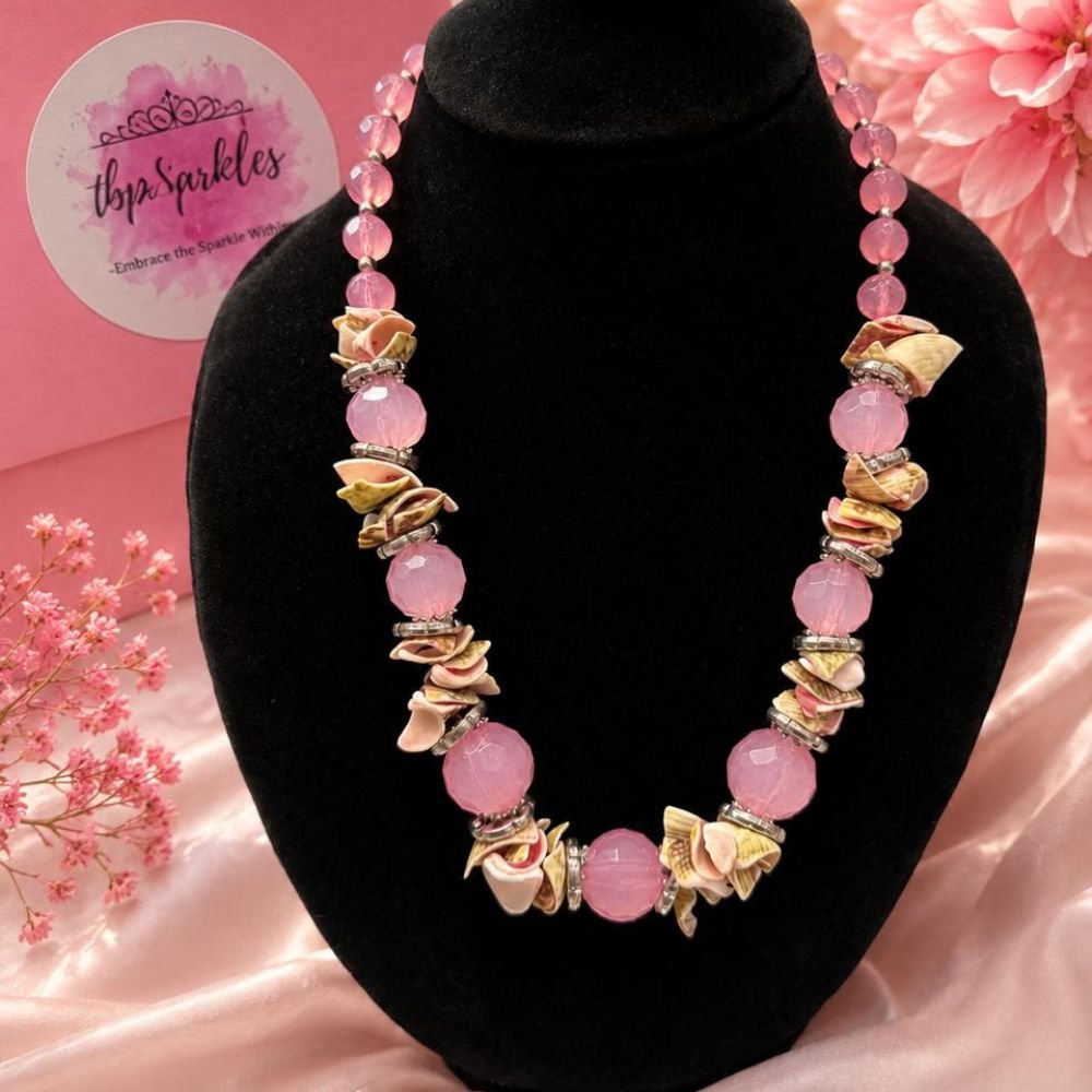 Blush Pink Crystal & Natural Sea Shell Beaded Necklace