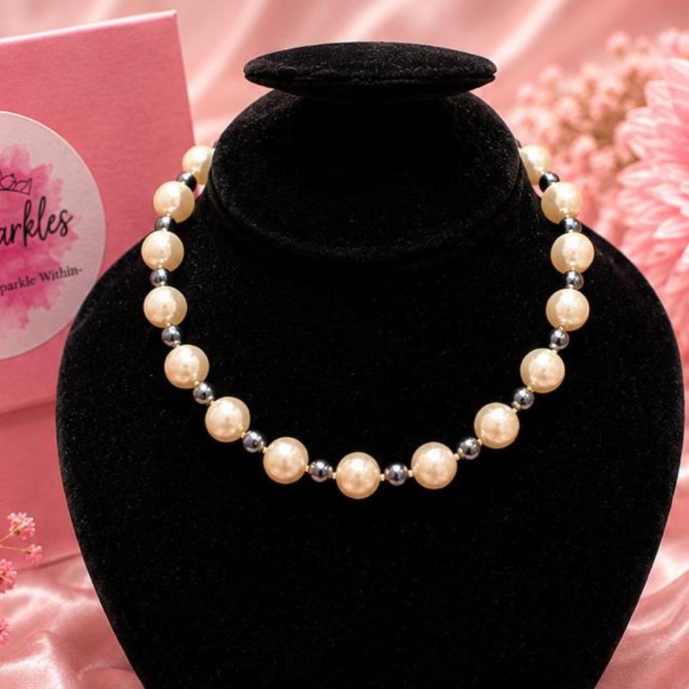 Classic Cream Pearl & Gunmetal Bead Choker Necklace