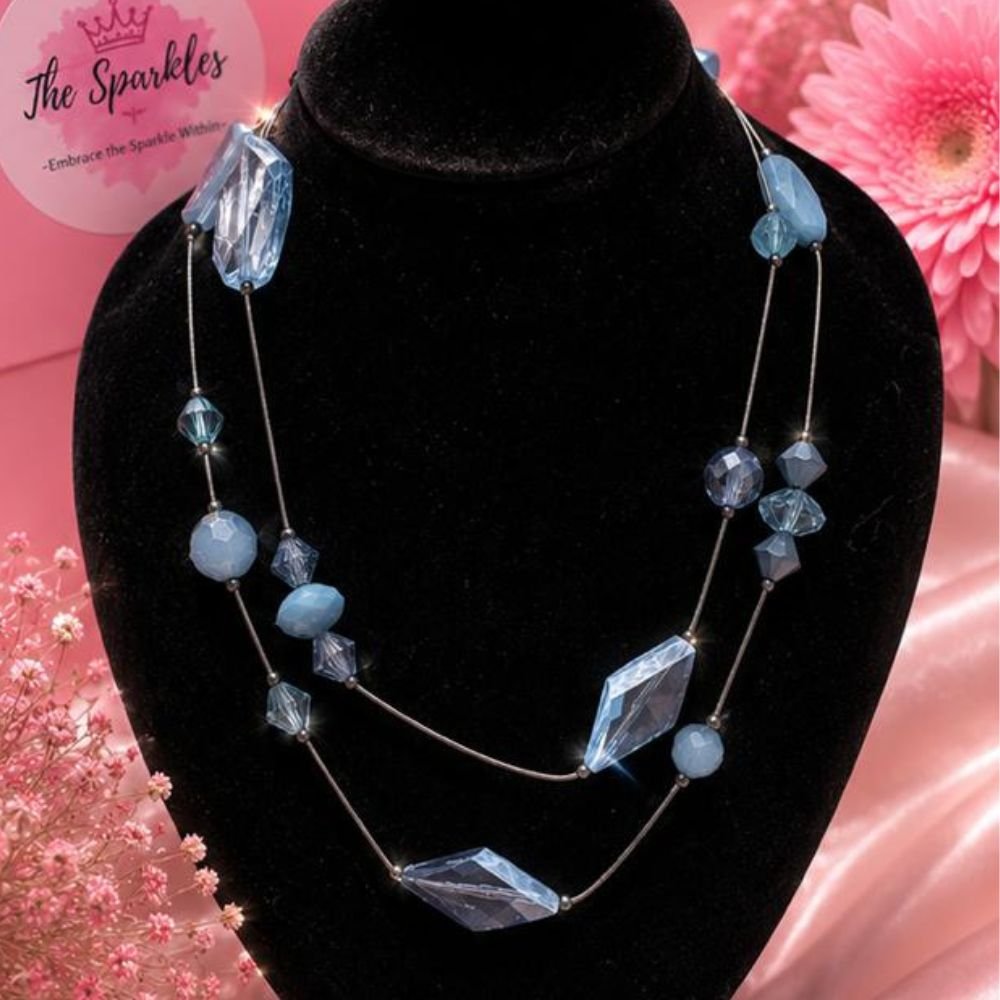 Ocean Blue Crystal & Floating Gem Layered Mala Necklace