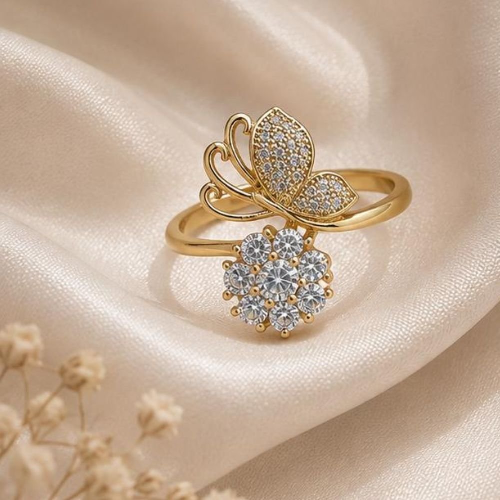 Sparkling Butterfly & Floral Zircon Adjustable Ring