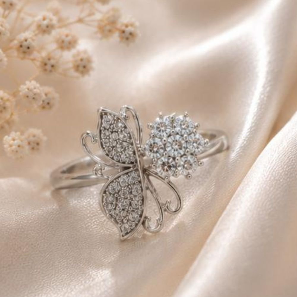 Silver Butterfly & Floral Zircon Adjustable Ring - Image 3