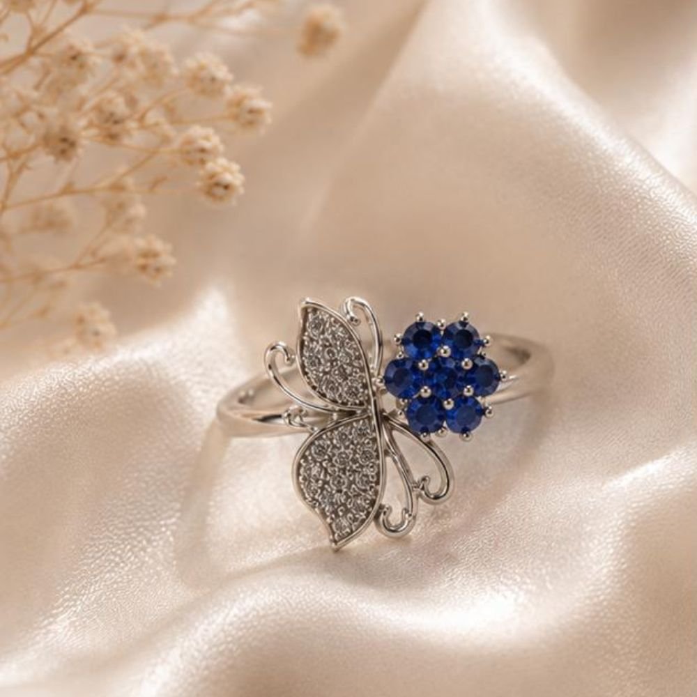 Silver Butterfly & Floral Zircon Adjustable Ring - Image 4