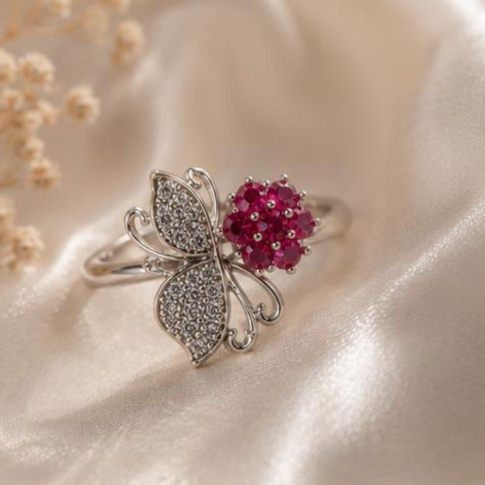 Silver Butterfly & Floral Zircon Adjustable Ring - Image 2