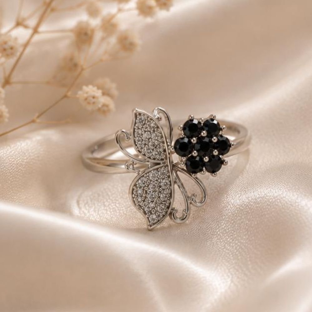 Silver Butterfly & Floral Zircon Adjustable Ring