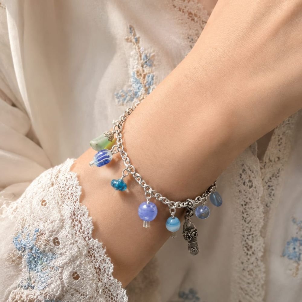 Ocean Breeze Blue & Sage Glass Charm Bracelet