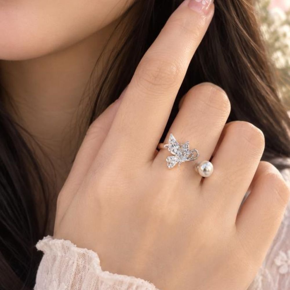 Enchanted Butterfly & Pearl Open Ring