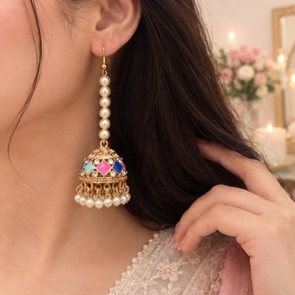 Meenakari Pearl Royale Jhumkay - Image 10